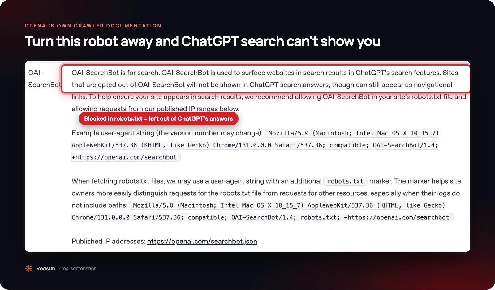 Screenshot of OpenAI's crawler documentation, highlighting that sites opted out of OAI-SearchBot will not be shown in ChatGPT search answers