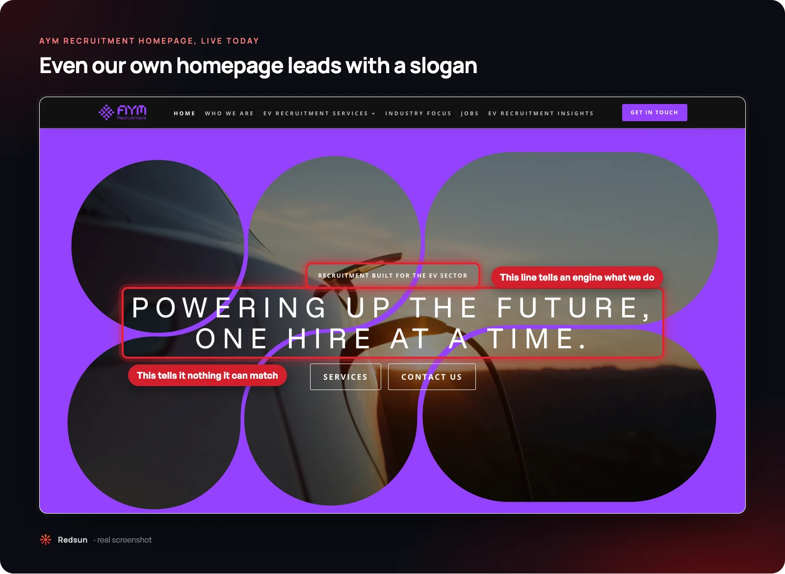 Screenshot of AYM Recruitment's homepage. The small line Recruitment built for the EV sector is highlighted as the line an engine can match; the large headline Powering up the future, one hire at a time is highlighted as a slogan an engine can't match
