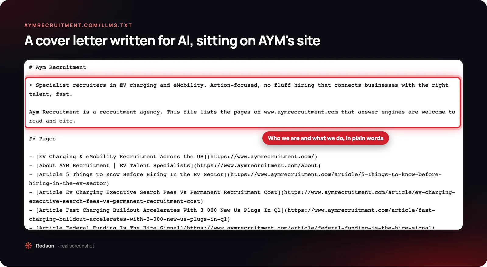 Screenshot of AYM Recruitment's llms.txt file, highlighting the lines Specialist recruiters in EV charging and eMobility and Aym Recruitment is a recruitment agency, followed by a list of the site's pages