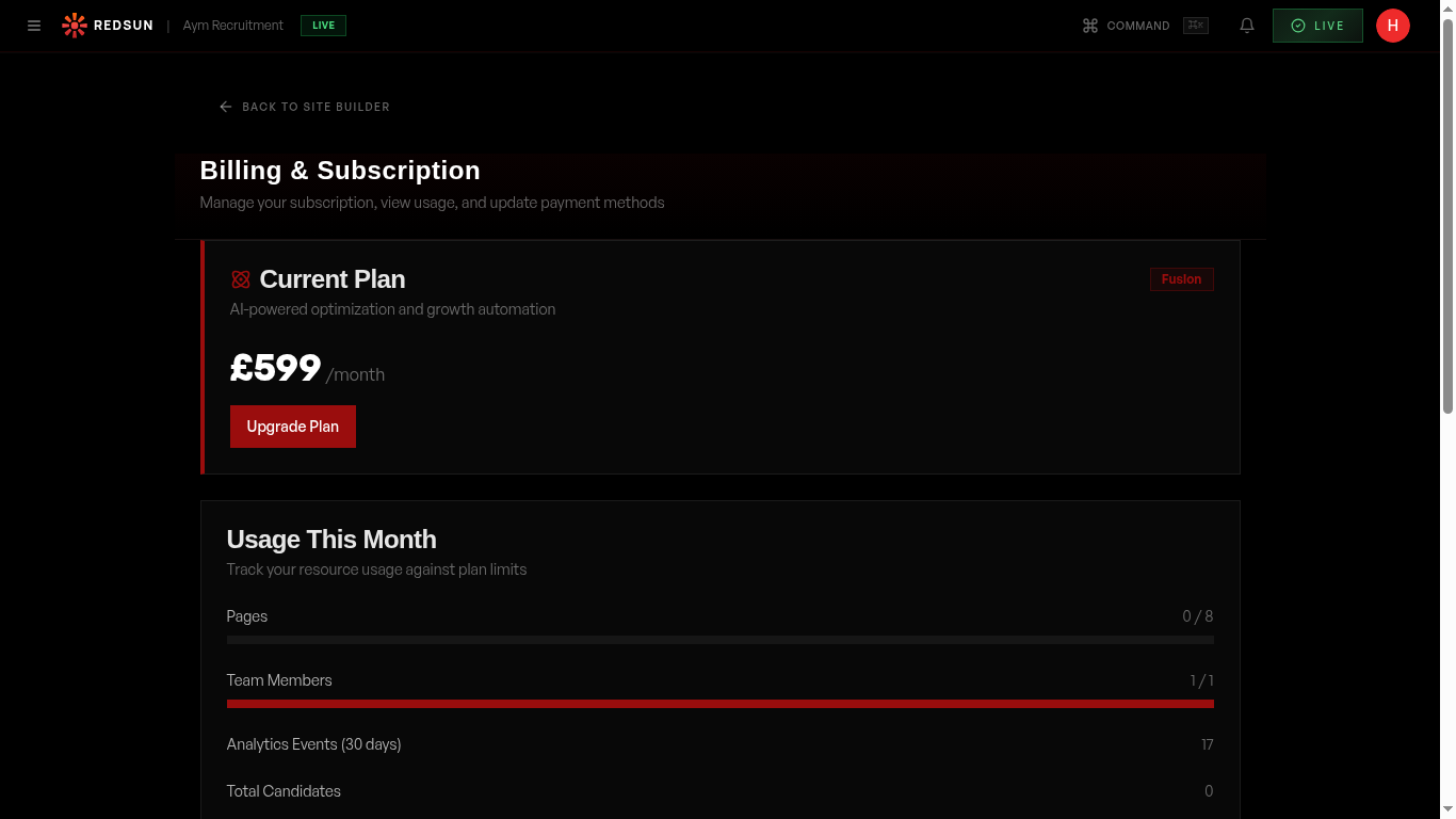 Billing & Subscription page showing current Fusion plan at £599/month with usage meters