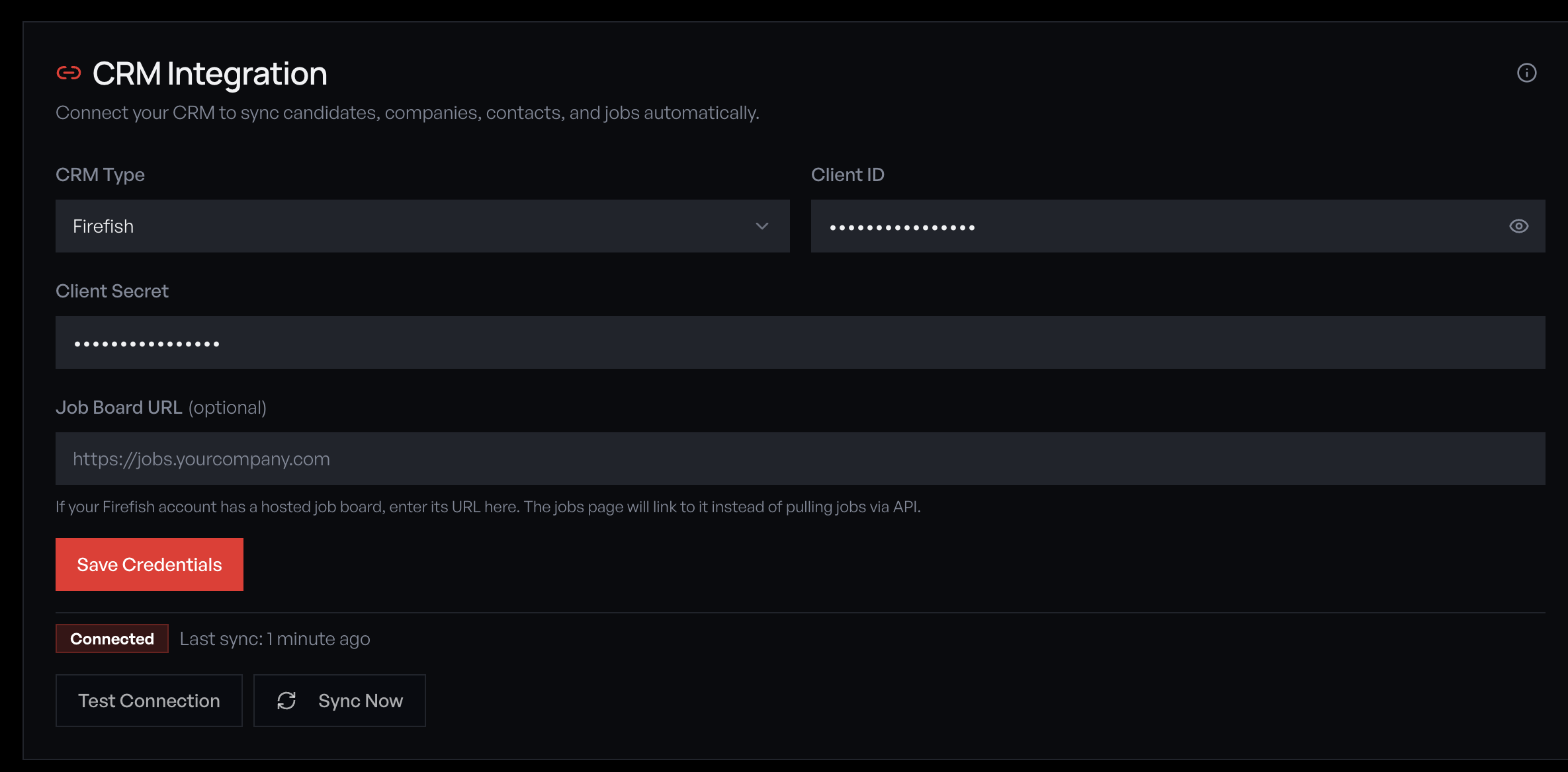 CRM Integration panel showing Connected status badge with Atlas credentials saved