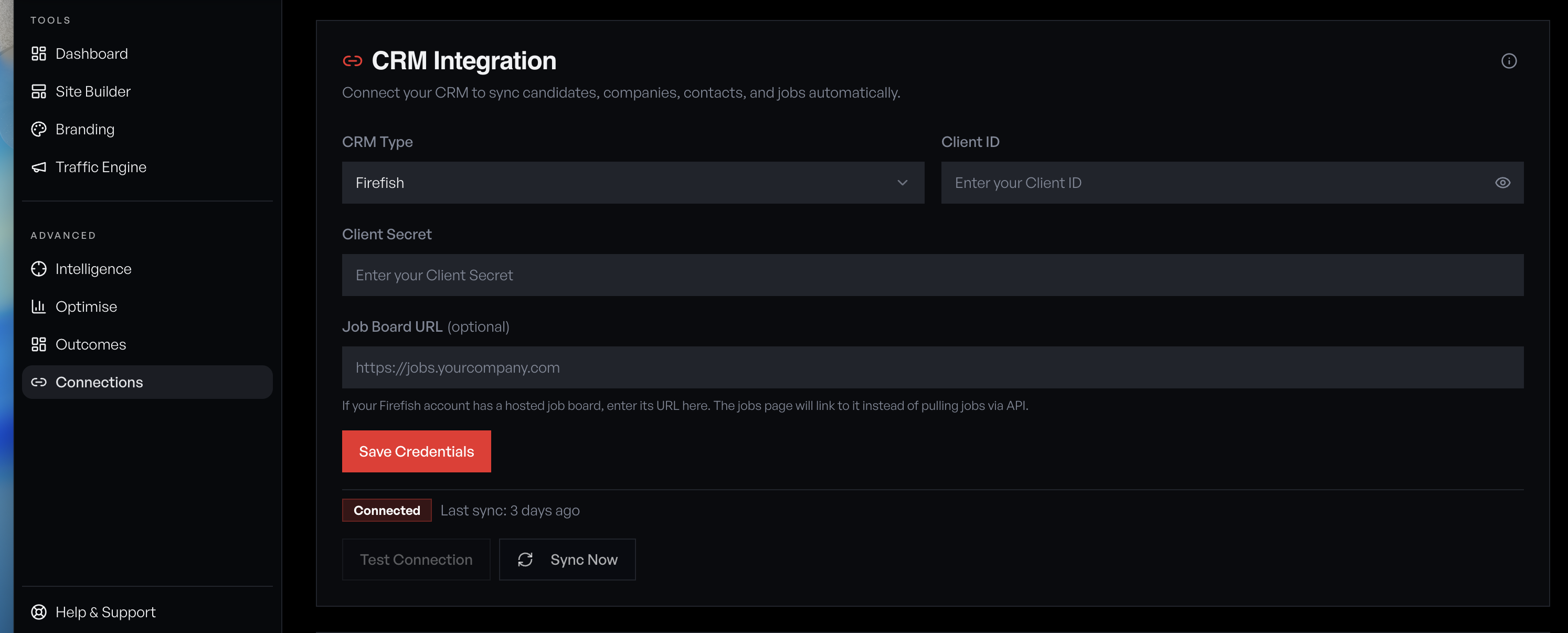 Connections page showing CRM Integration panel with CRM Type dropdown and connection controls