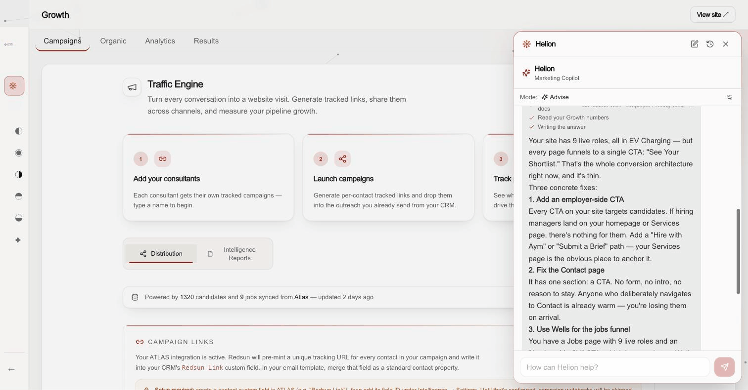 Ask Helion overlay open over the Growth hub with a conversation in progress