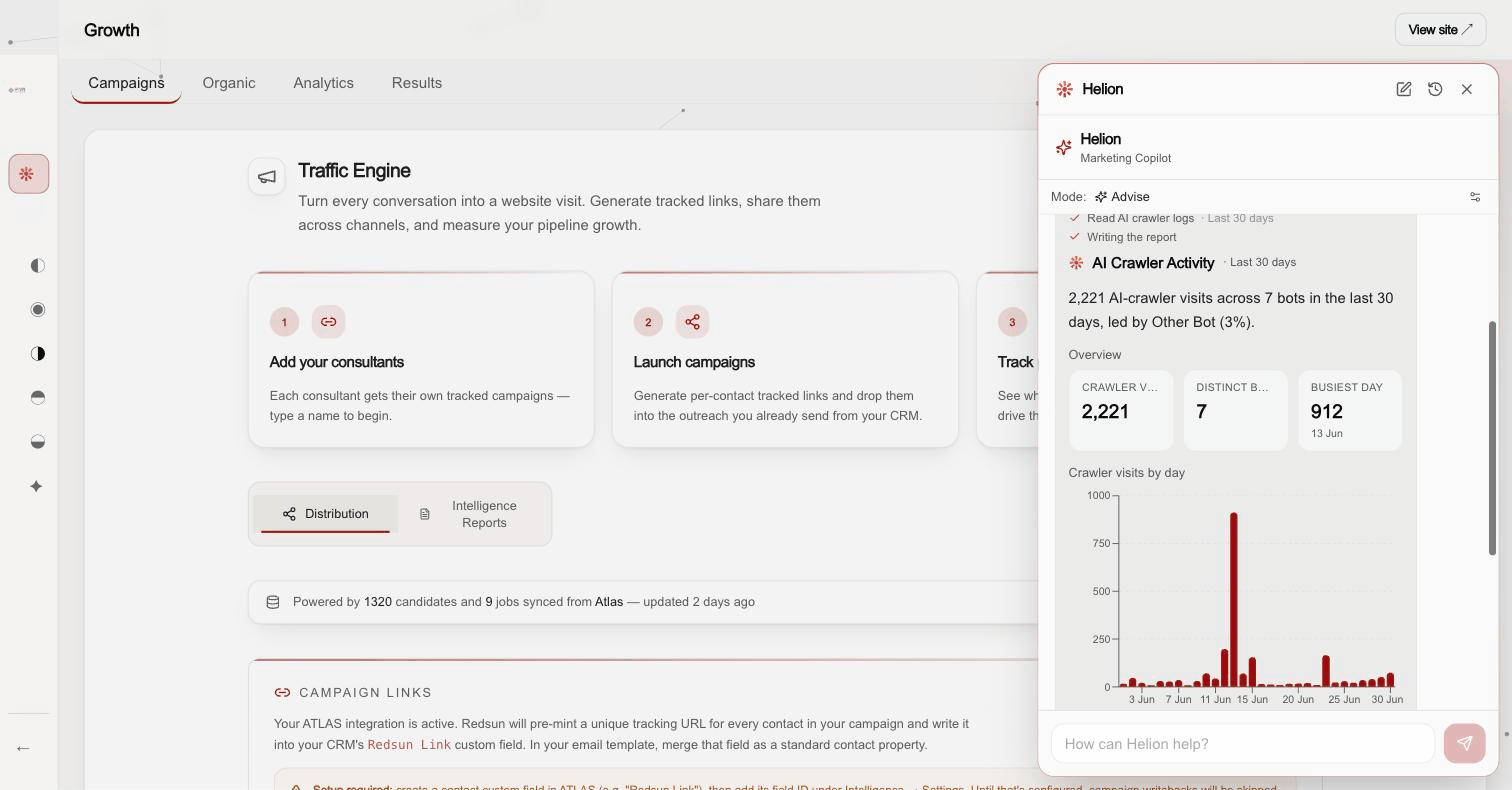 Inline AI Crawler Activity report with metric cards and a daily crawler chart