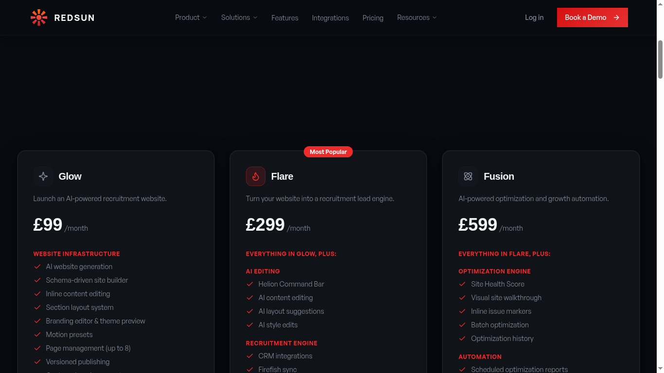 Pricing tiers showing Glow, Flare, and Fusion feature lists