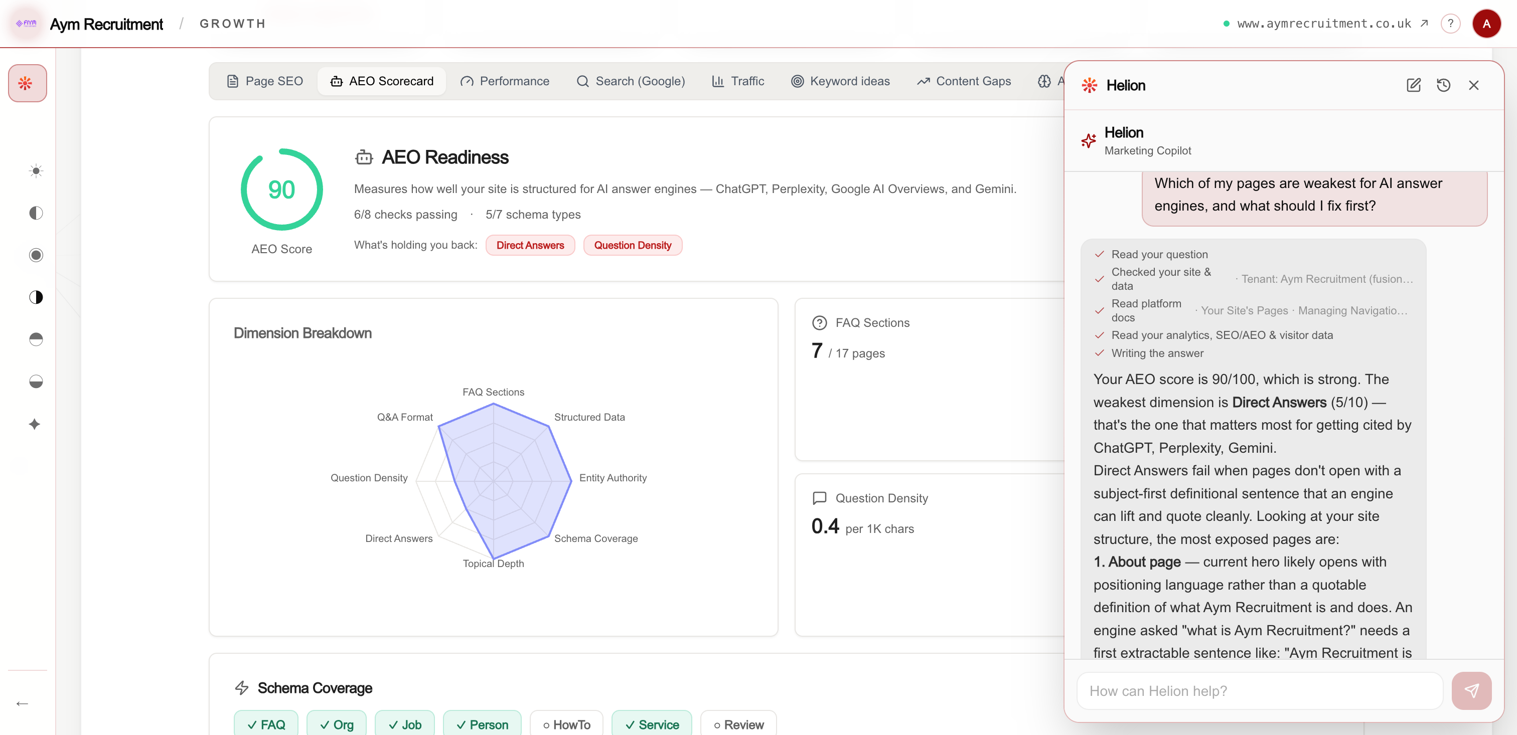 Helion answering a question about an agency's own site, citing the pages and CRM data it drew on