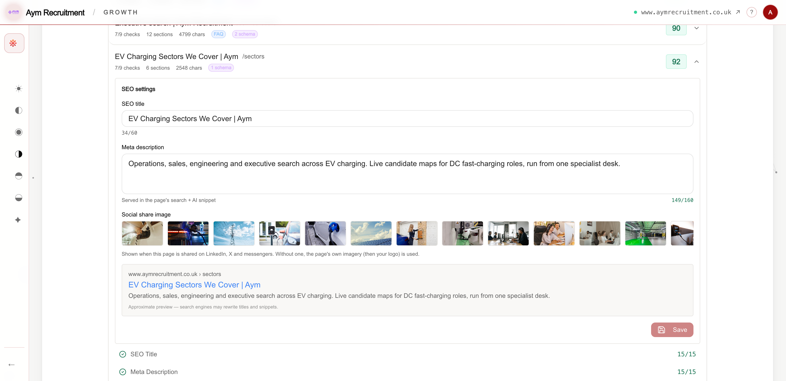 Redsun's per-page SEO editor showing an SEO title with a 34 of 60 character count, a meta description at 149 of 160, a social share image picker and an approximate Google result preview