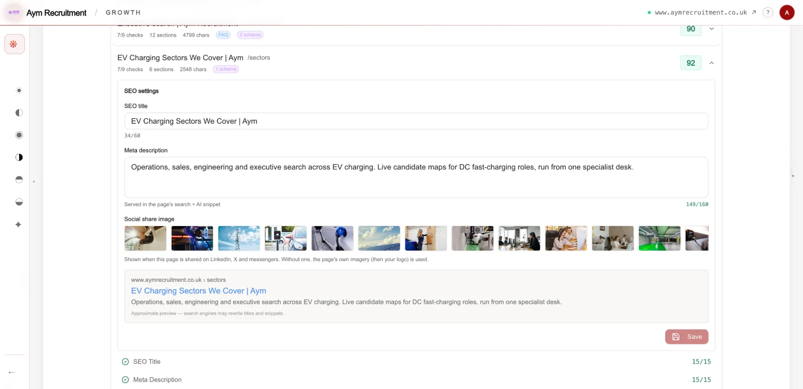 Redsun's per-page SEO editor showing an SEO title with a 34 of 60 character count, a meta description at 149 of 160, a social share image picker and an approximate Google result preview