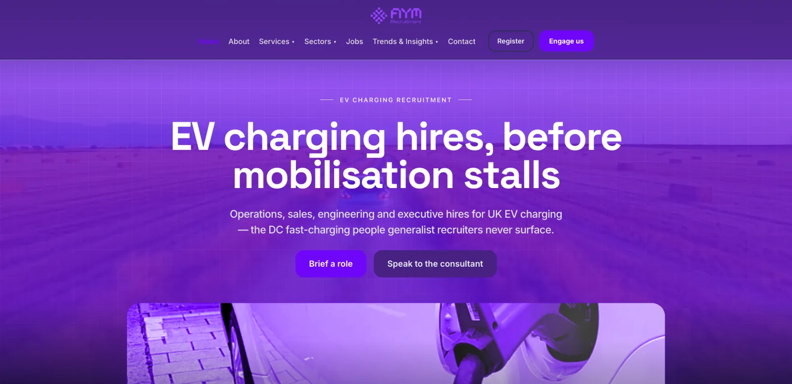 The Aym Recruitment homepage built on Redsun, headlined 'EV charging hires, before mobilisation stalls'