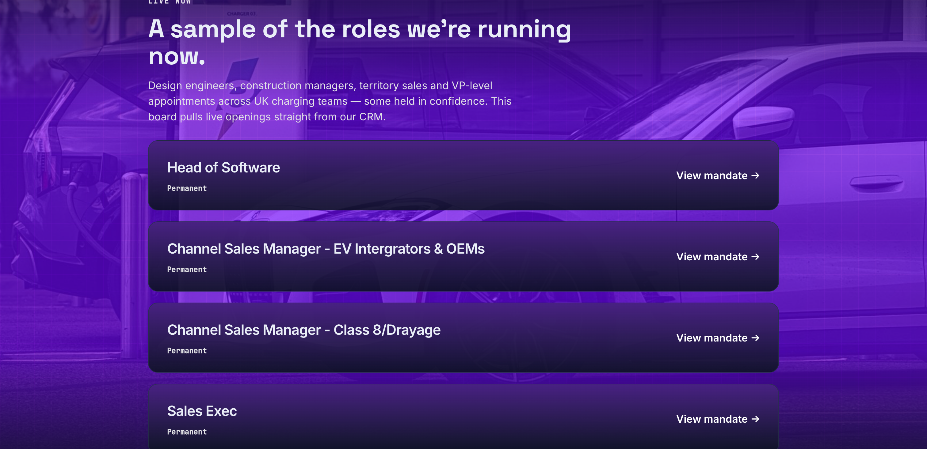 The Aym Recruitment job board listing live EV charging roles synced from their CRM