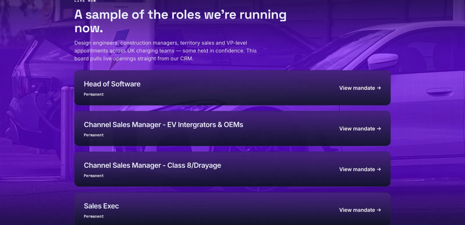 The Aym Recruitment job board listing live EV charging roles synced from their CRM